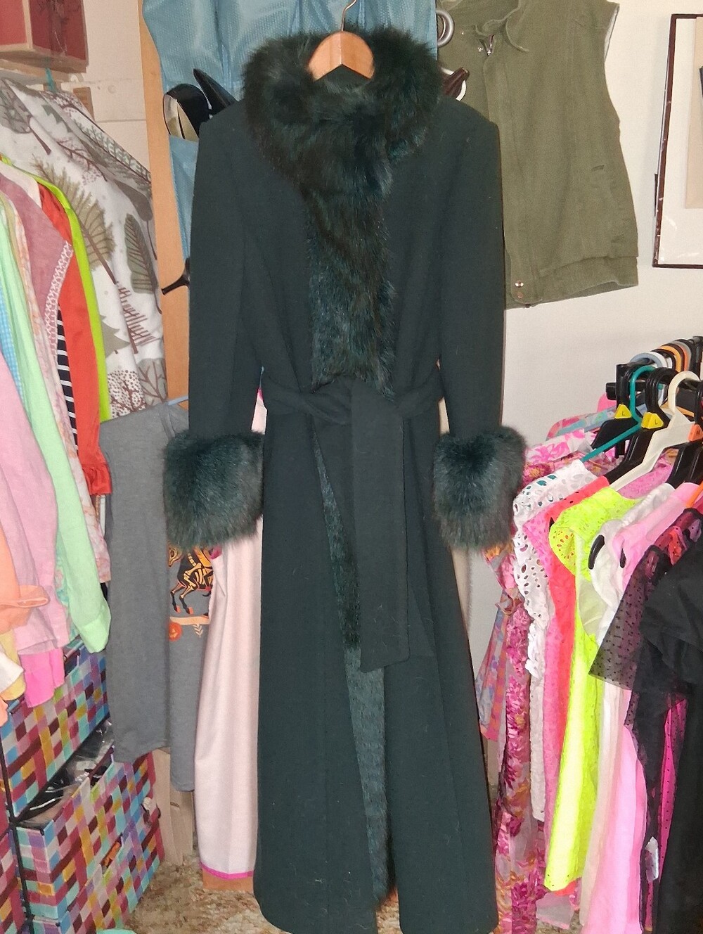 Calvin Klein couture Long Forest Green Wool Coat with Overdyed Fox Trim